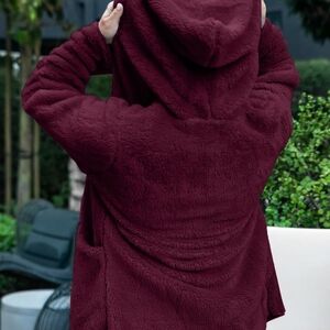Plush Fleece Burgundy Red Hooded Cardigan S/M